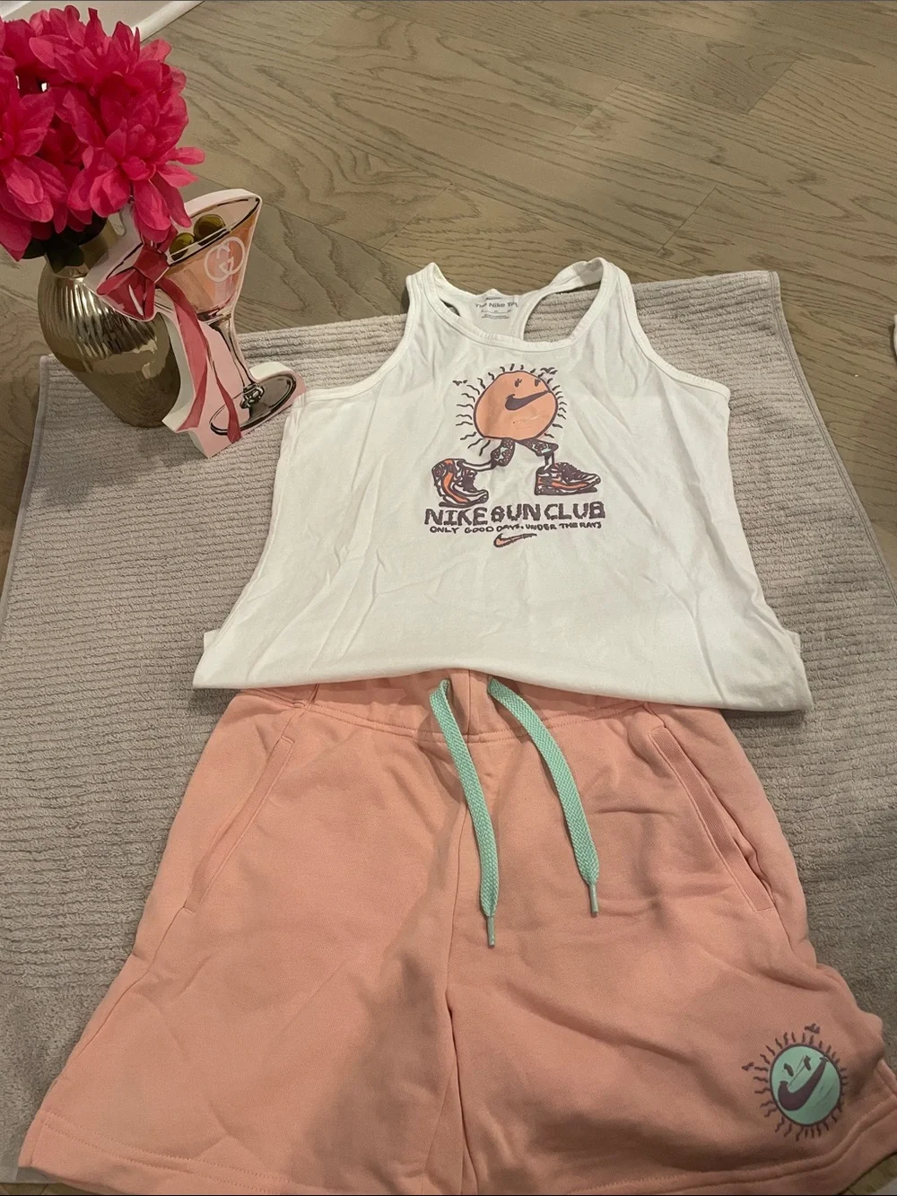 Nike White Tank with Pink Shorts and Mint Drawstring